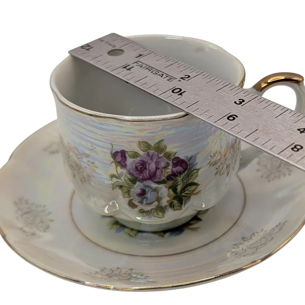 Vintage Seyei Fine China Demitasse Cup and Saucer Iridescent Footed Floral SEE